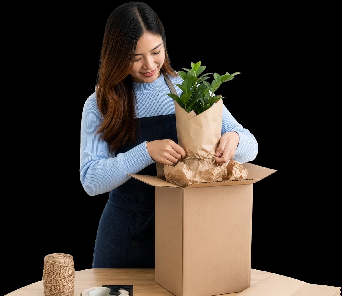 Woman in blue sweater and apron packing a wrapped green plant into a cardboard box.