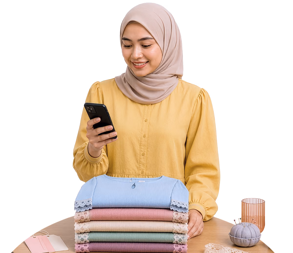 Woman wearing a beige hijab and yellow blouse holding a phone, standing behind folded clothes on a table.