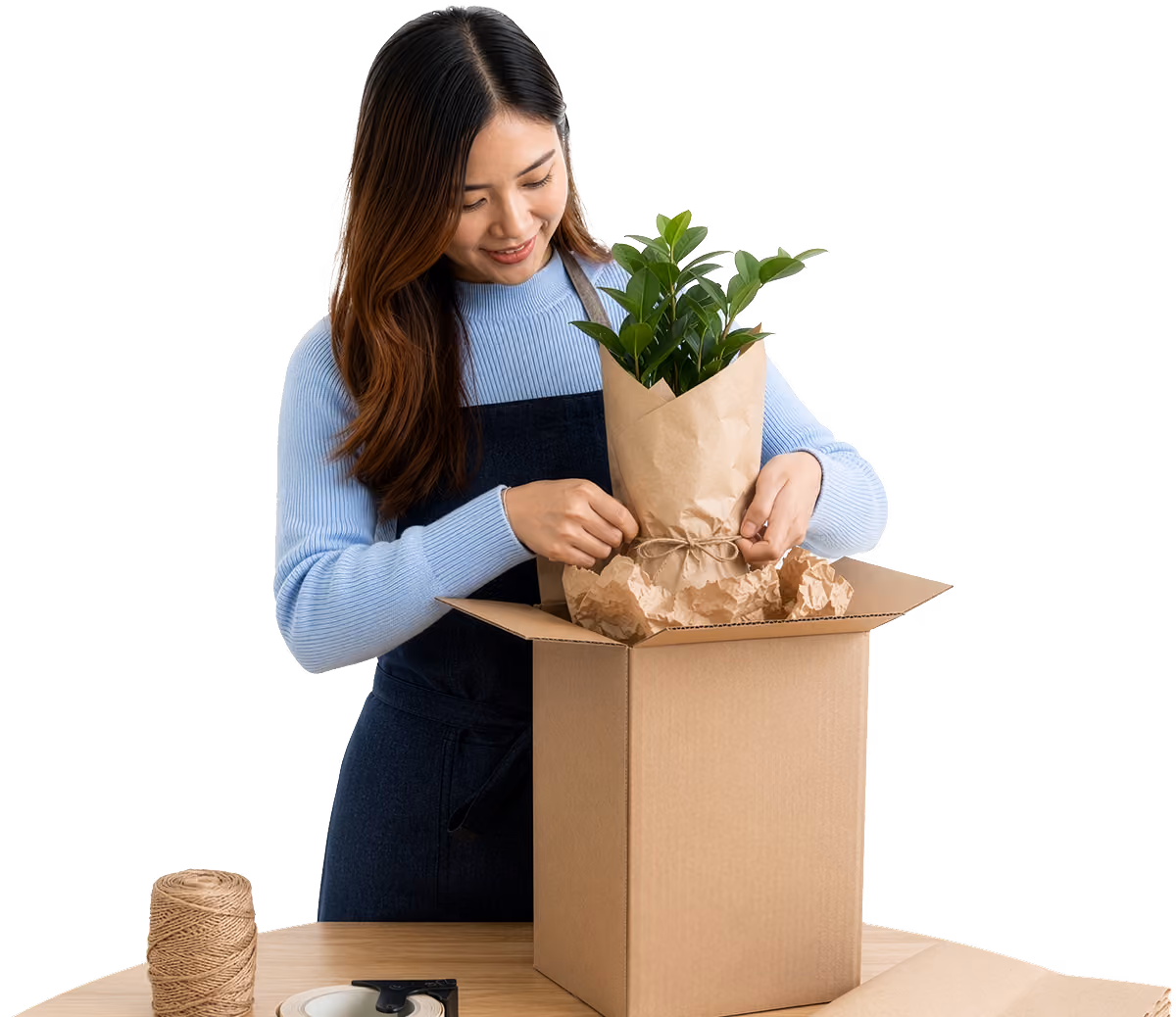 Woman in blue sweater and apron packing a wrapped green plant into a cardboard box.