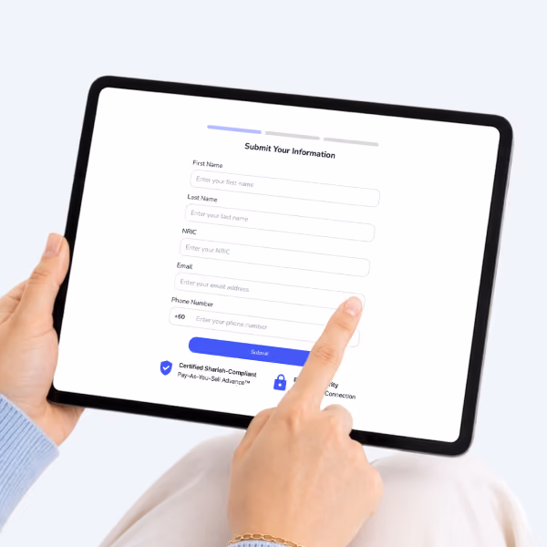 Person holding tablet with Seedflex form to submit first name, last name, NRIC, email, and phone number.