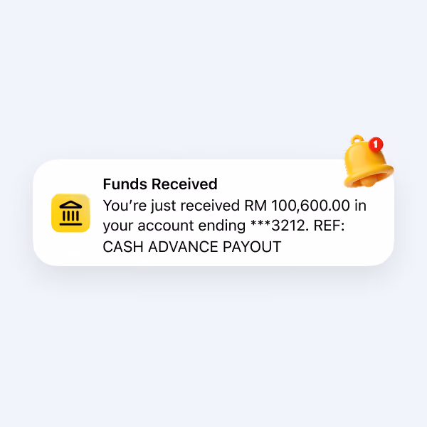 Notification of RM 100,600 received in account ending 3212 with reference to cash advance payout.