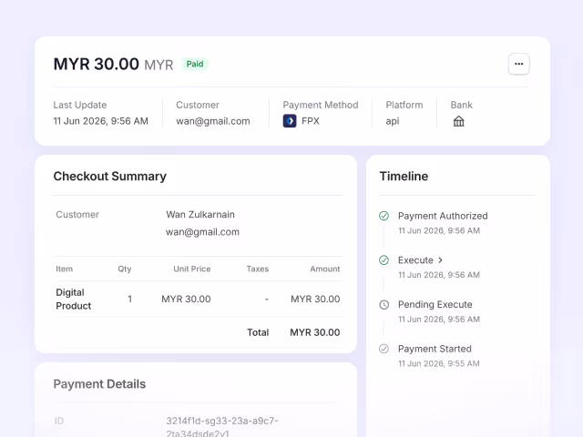 Payment receipt showing MYR 30.00 paid by Wan Zulkarnain via FPX with timeline and transaction details.