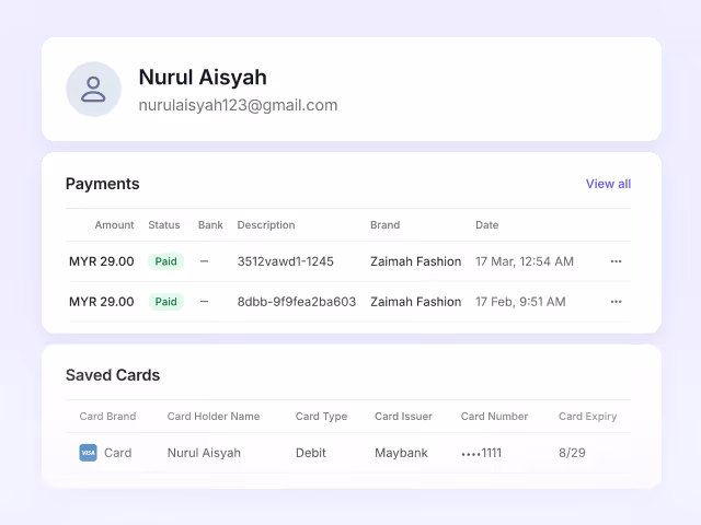 User profile showing payments of MYR 29 to Zaimah Fashion and a saved Maybank debit card ending in 1111.