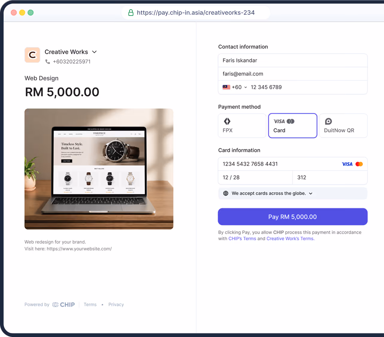A page showing web designing service business collecting payments using CHIP payment links