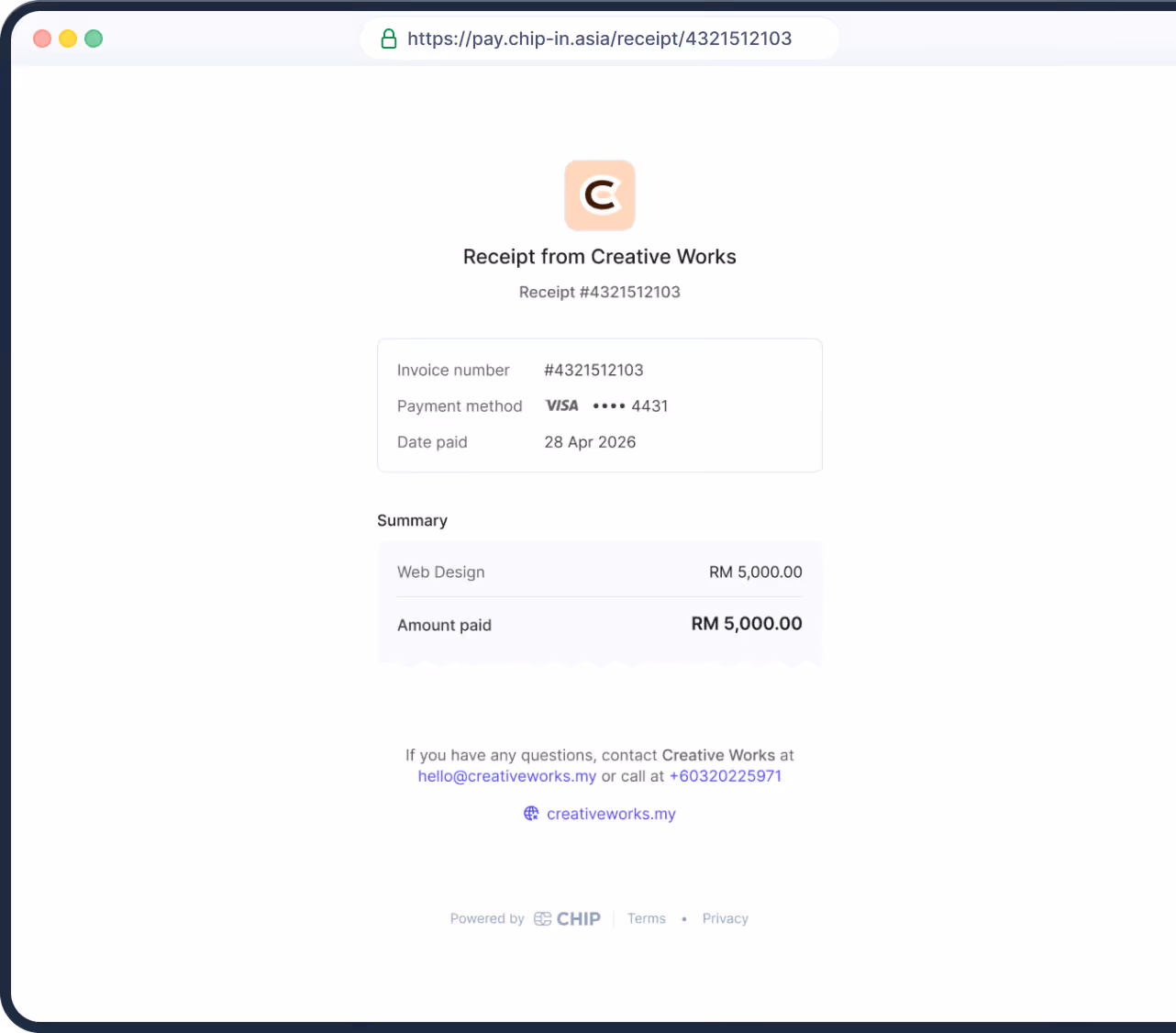 Receipt page customer will see after making payment from CHIP payment link