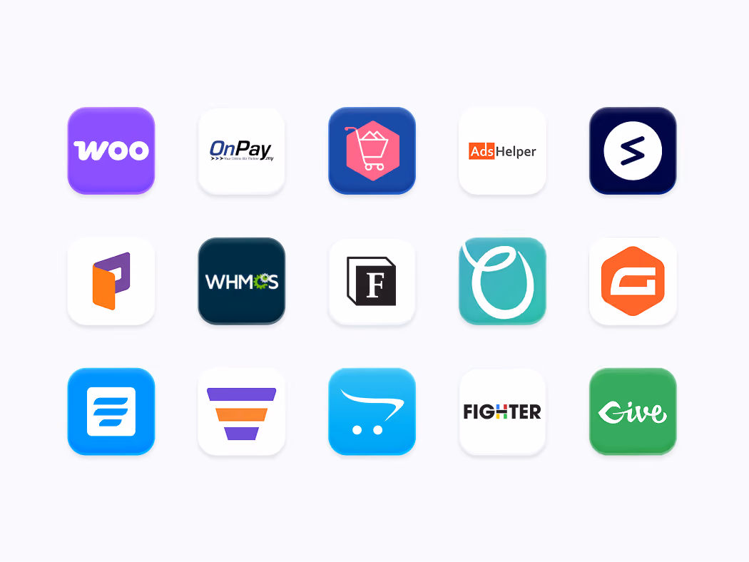 Grid of 15 colorful app logos for various online platforms and tools against white background.