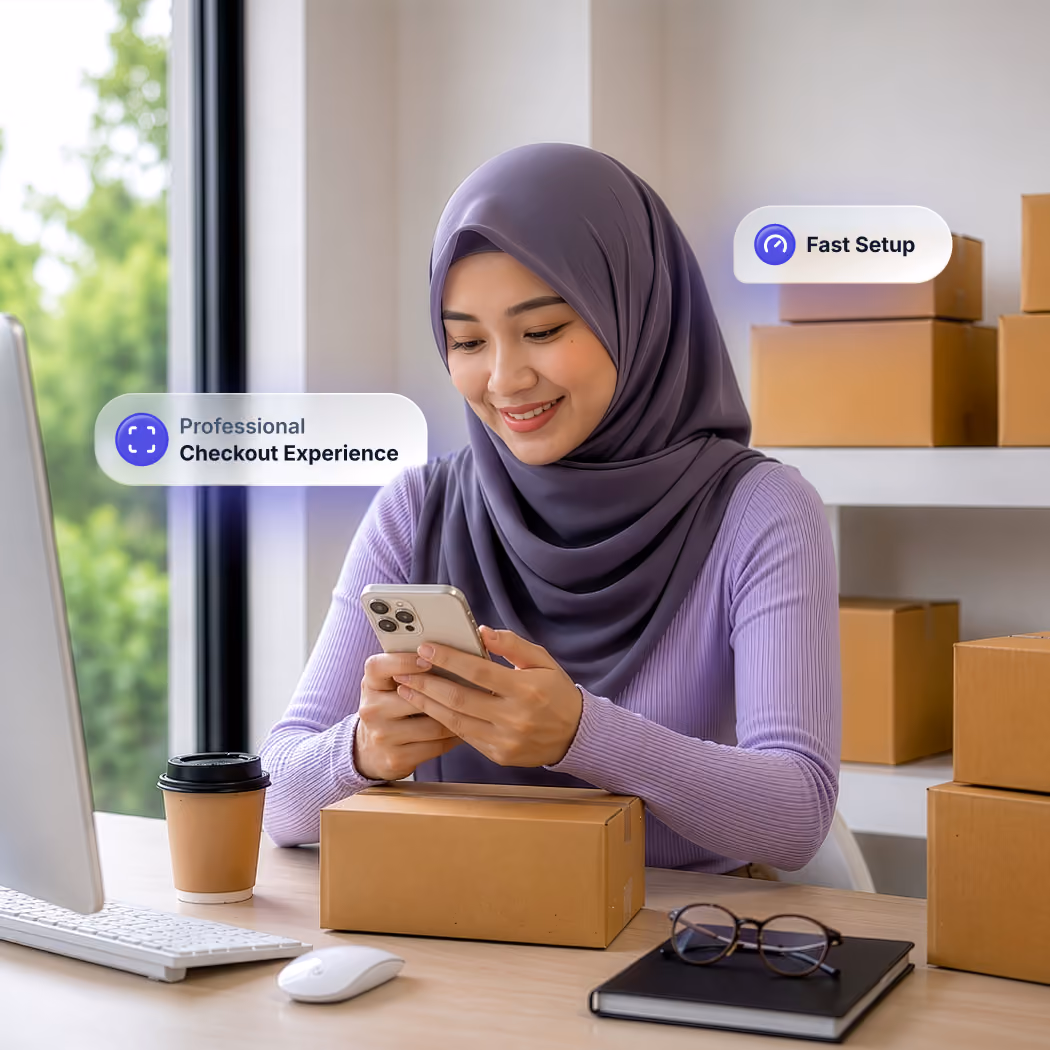 A woman looking down at her phone in an office with pop-up text that says professional checkout experience and fast setup.