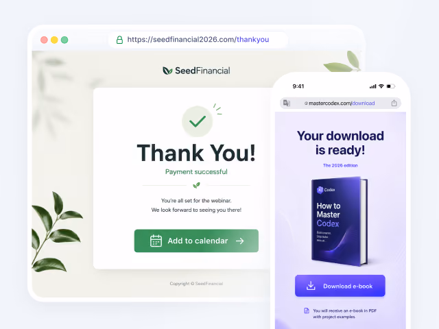 Screens show 'Thank You! Payment successful' and 'Thank you! Your download is ready' with download and calendar buttons.