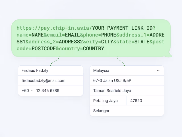 Green payment URL template linked to filled contact and address form fields for Malaysia user Firdaus Fadzly.