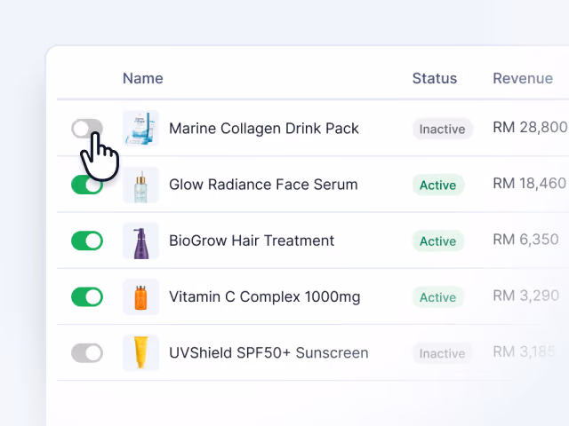 Product list with toggle switches, status labels active or inactive.
