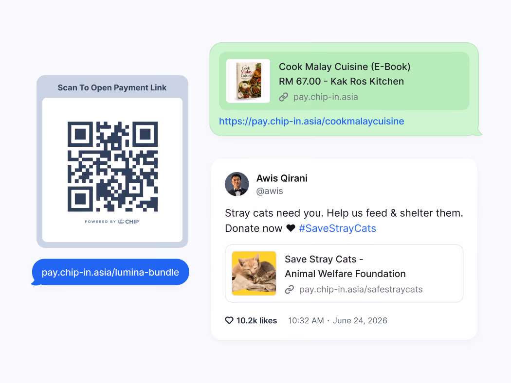 QR code for payment link next to messages promoting a Malay cookbook and stray cat donation.
