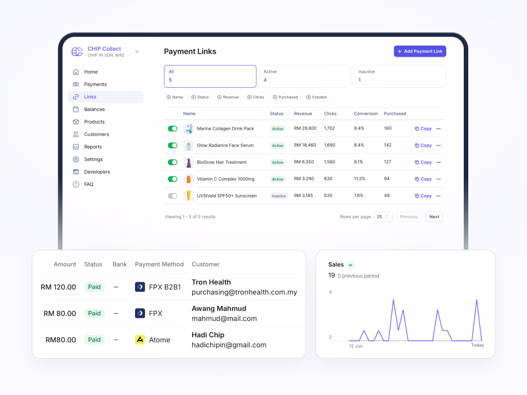 Dashboard screen showing payment links with product sales data, customer payments, and sales graph.