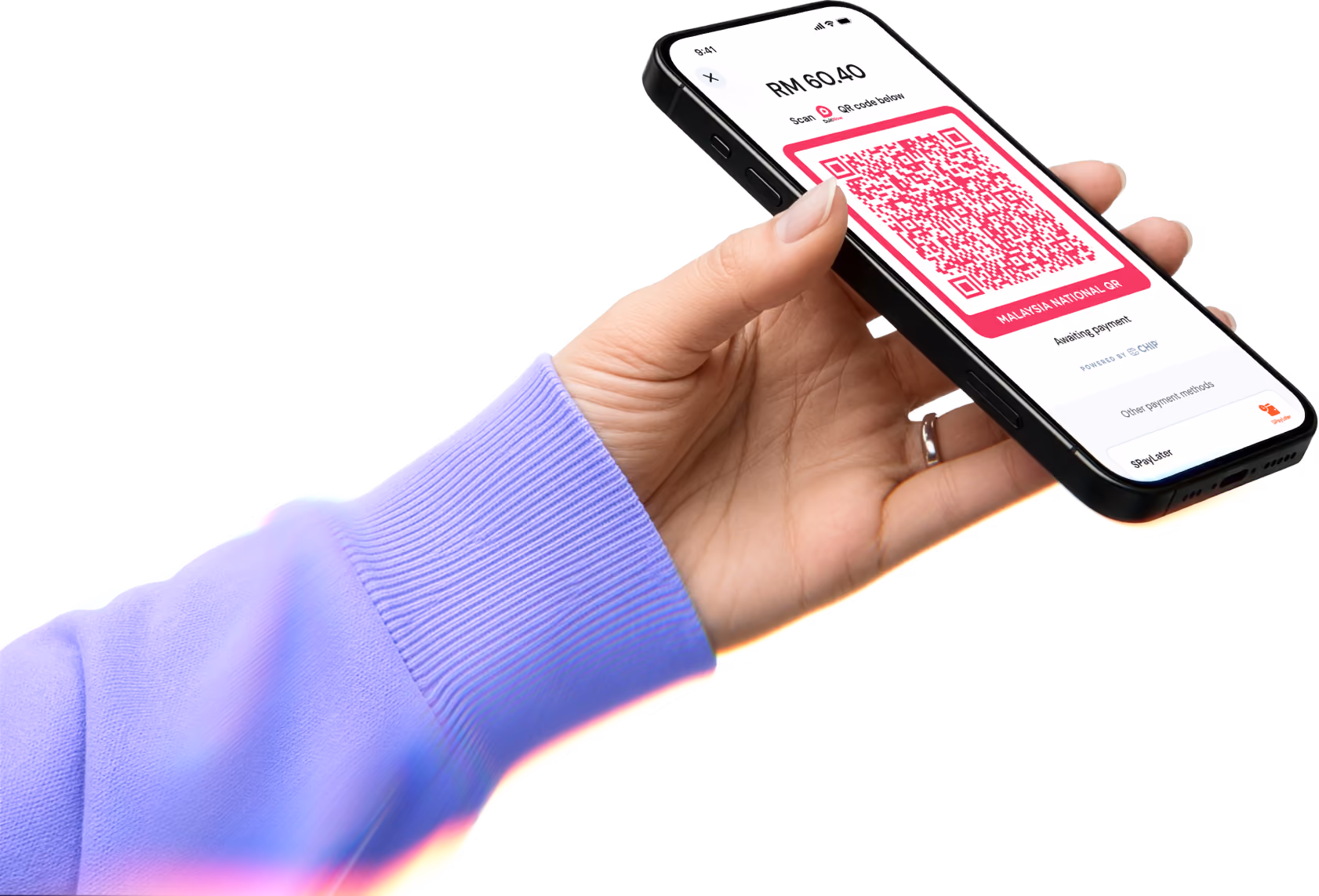 Hand holding phone displaying a payment screen with QR code and amount RM 60.40 awaiting payment.