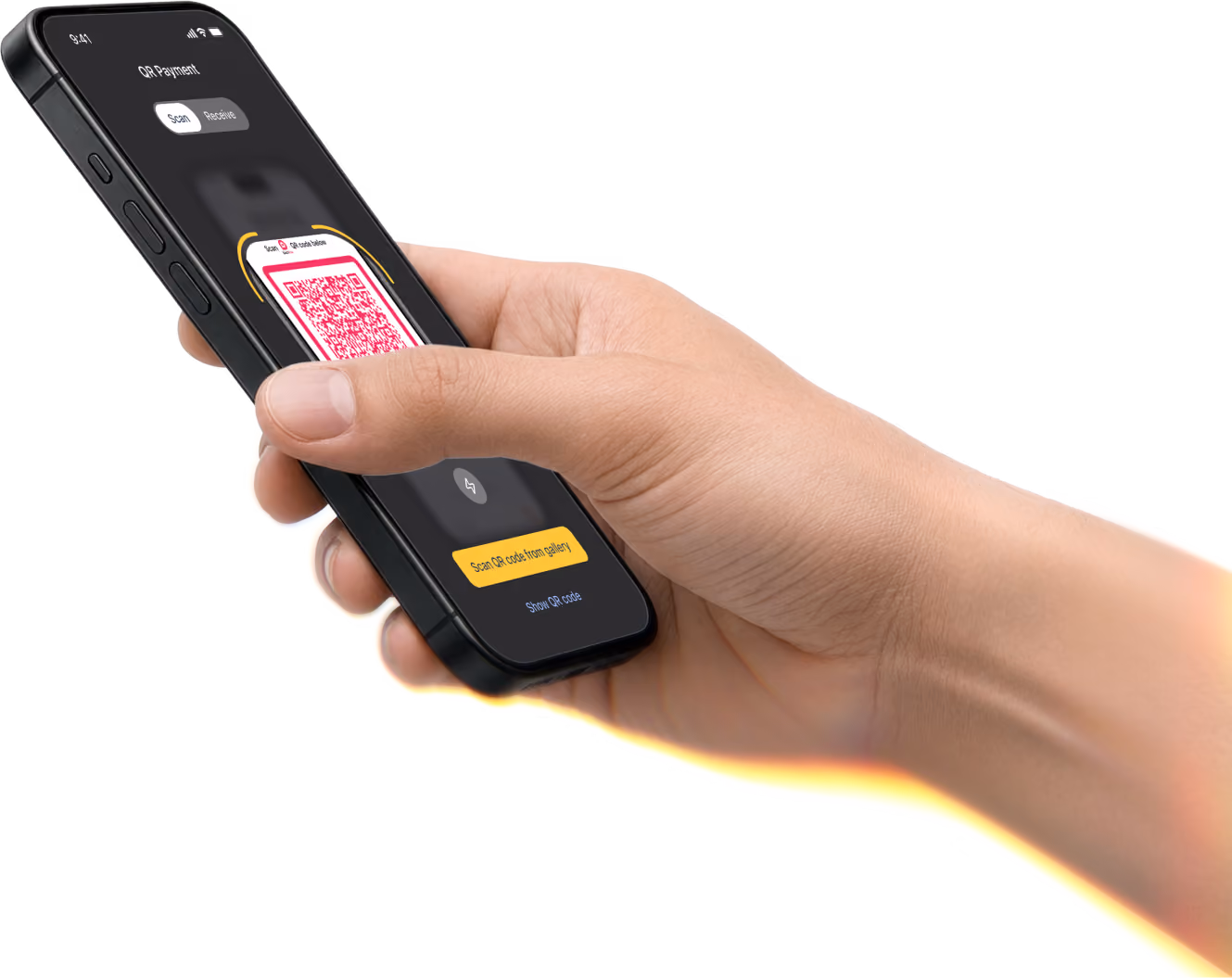 Hand holding a black smartphone displaying a banking app interface scanning QR code.