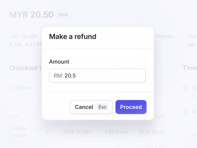 Popup window titled Make a refund with amount field and Cancel and Proceed buttons.