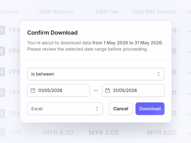 Dialog box confirming data download from 1 to 31 May 2026 with date selectors, file format, cancel, and download buttons.