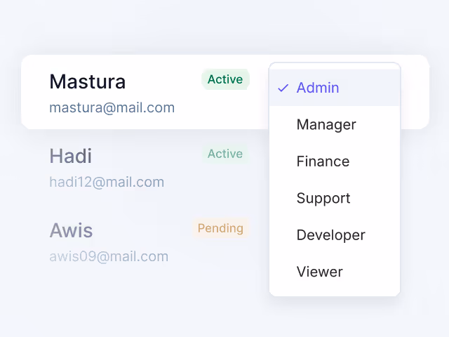 User list with emails showing status Active or Pending and a dropdown selecting Admin role for Mastura.