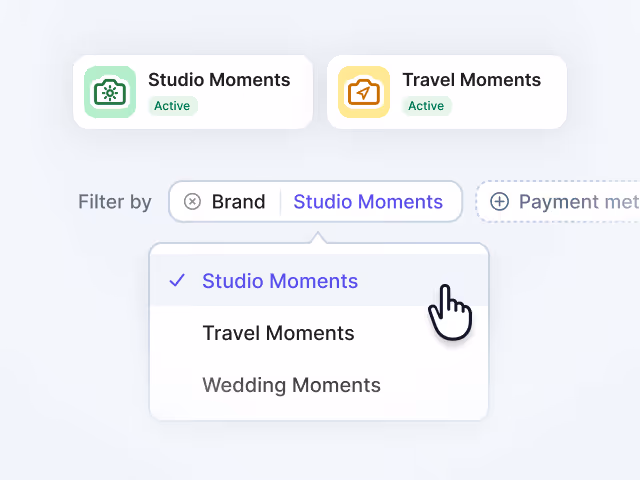 User interface showing active brand filters Studio Moments and Travel Moments with a dropdown to select brand.