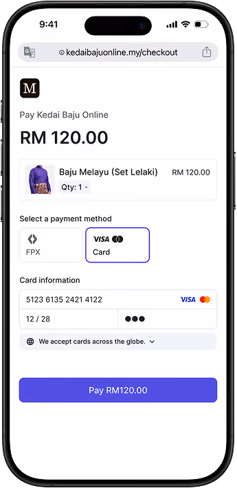 Mobile checkout page showing payment for Baju Melayu RM120 with card option selected and card details entered.