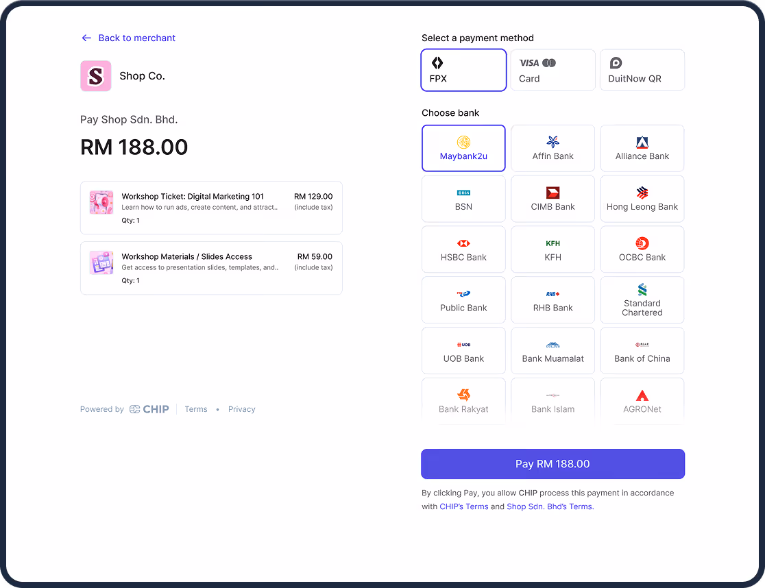 Online payment page showing RM 188 for workshops with FPX selected and Maybank2u as the bank option.