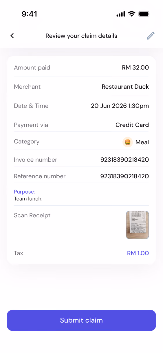 Mobile app screen showing claim details: RM32 paid at Restaurant Duck on 20 Jun 2026, meal category, credit card payment.