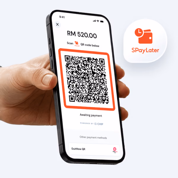 A phone displaying SPayLater QR code.