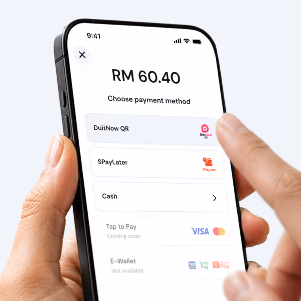 Payment options menu showing DuitNow QR selected, SPayLater, Tap to Pay and E-Wallet.
