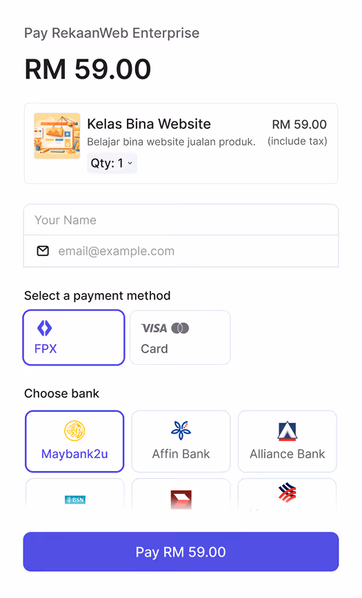 Online payment form showing RM 59 for Kelas Bina Website with options to pay via FPX or card and choose bank.