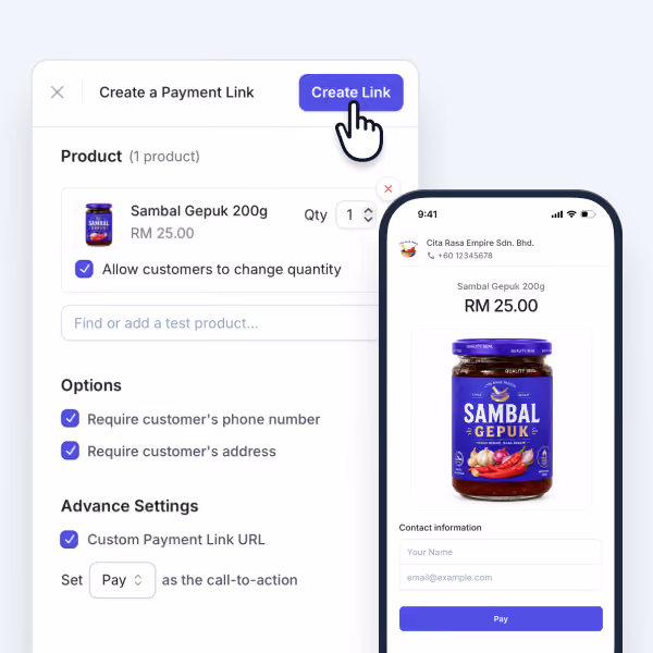 Screenshot of creating a payment link for Sambal Gepuk with price, quantity, options, and a pay button on a phone screen.
