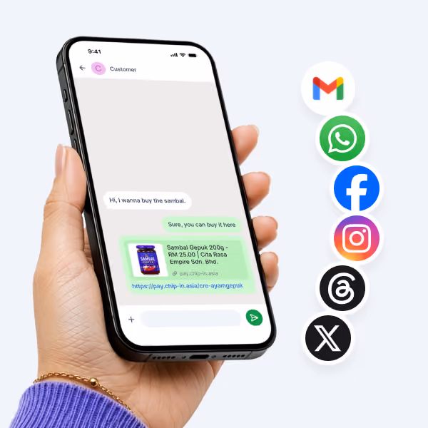 Hand holding phone showing chat with payment link and icons for Gmail, WhatsApp, Facebook, Instagram, email, and X.