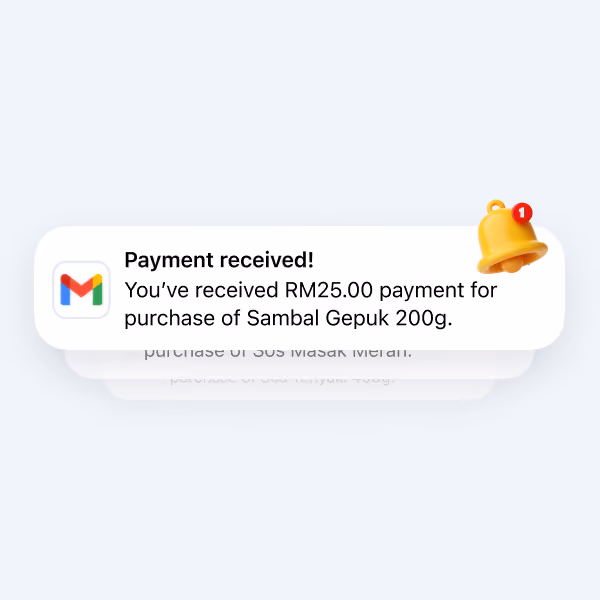 Notification showing payment received of RM25 for purchase of Sambal Gepuk 200g.