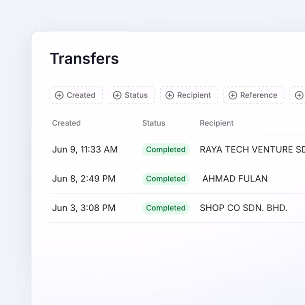 Transfers list showing dates, status marked completed, and recipient names for three transactions.